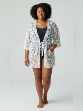 Ember‎ White Floral Lace Swim Cover Up Kimono 2X Sheer Tie Front Beach